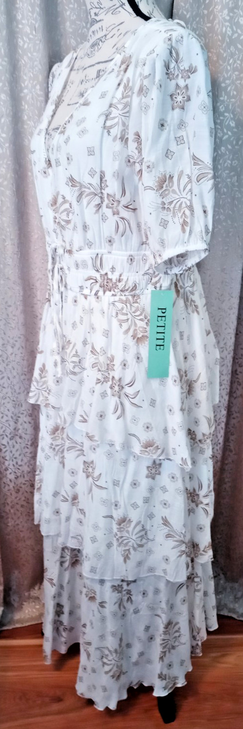 J Gee Feminine Smocked Waist Ruffled Beige & White Floral Print Maxi Dress PXL