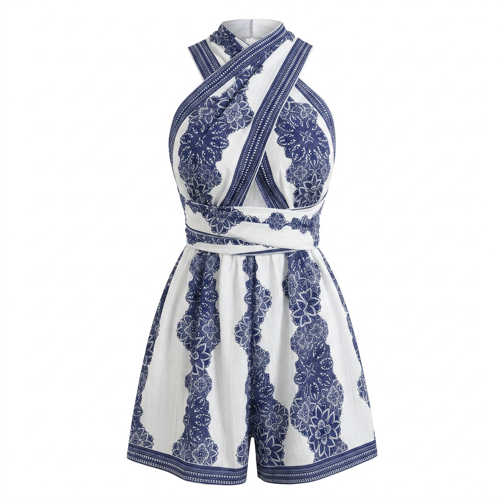 Paisley Halter Cross Back Romper