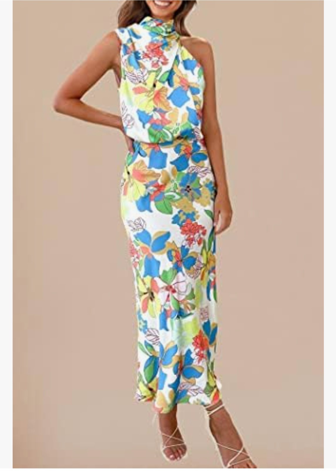PrettyGarden Multicolor Floral Mock Neck Sleeveless Satin Maxi Dress Long M