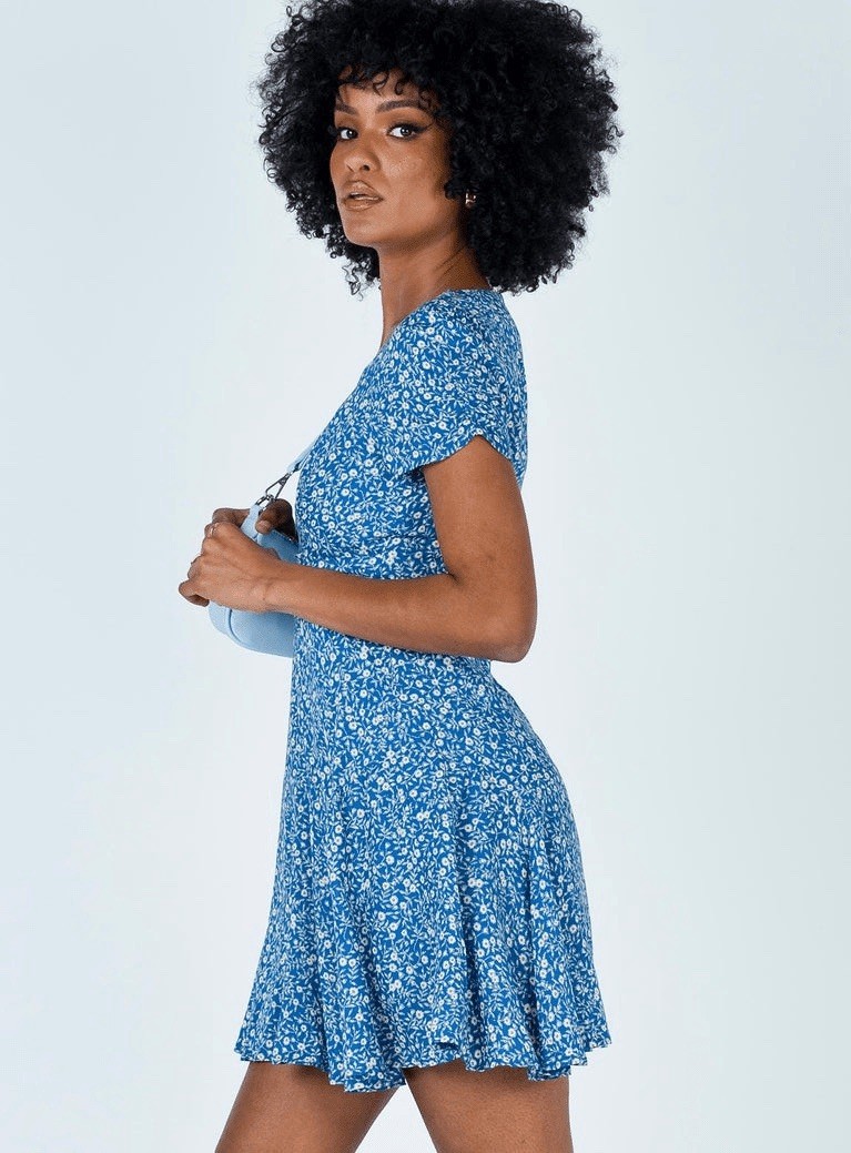 Blue Floral V-Neck Puff Short Sleeve Fit & Flare Mini Dress Size M