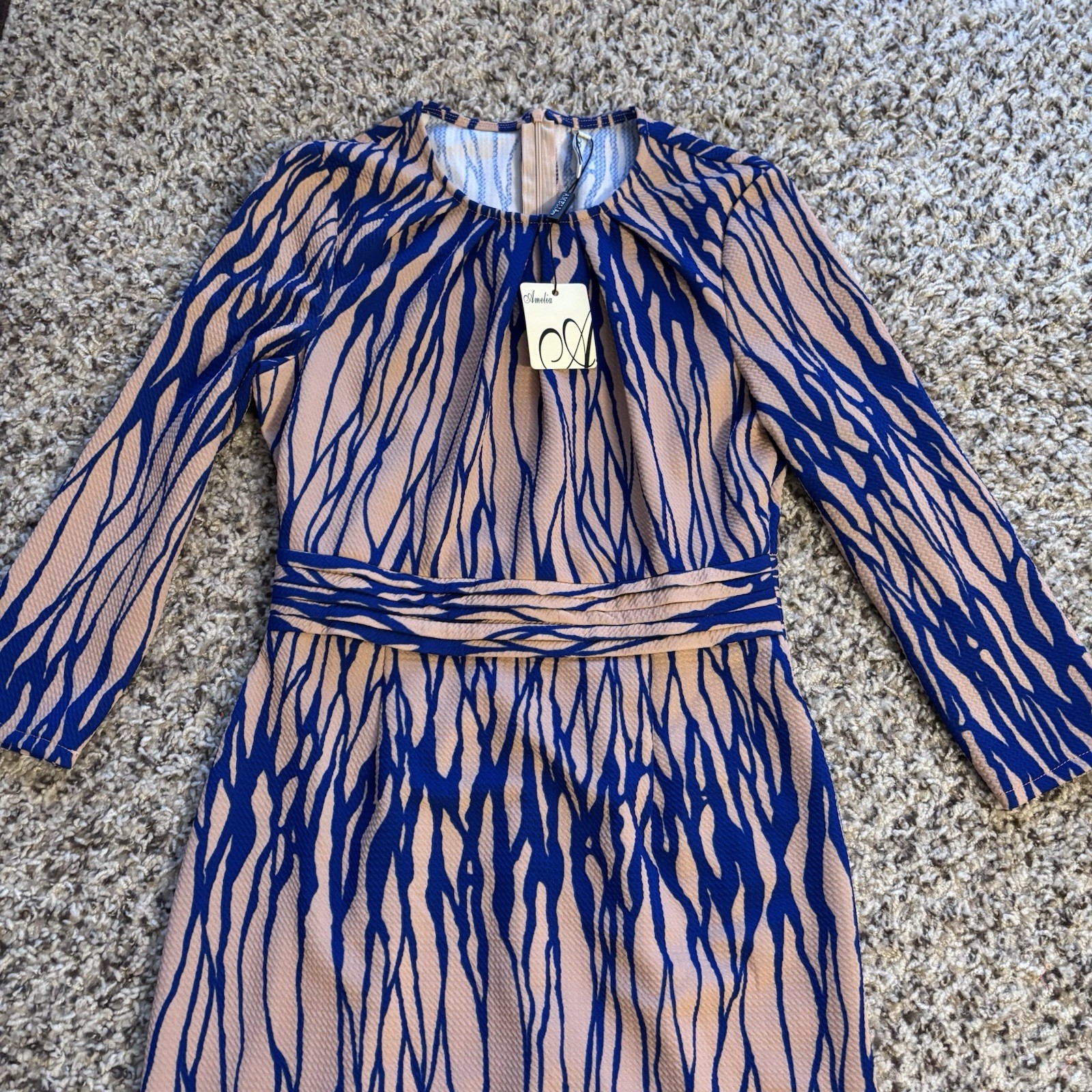 Amelia Women’s Dress Multi Color Pattern Toasted Almond Blue Size Small NEW