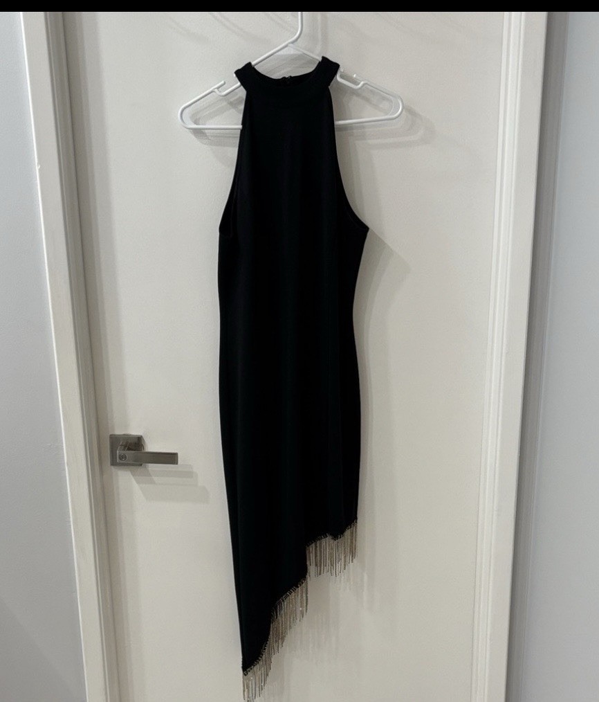 VENUS Black Asymmetrical Dress with Rhinestone Fringe