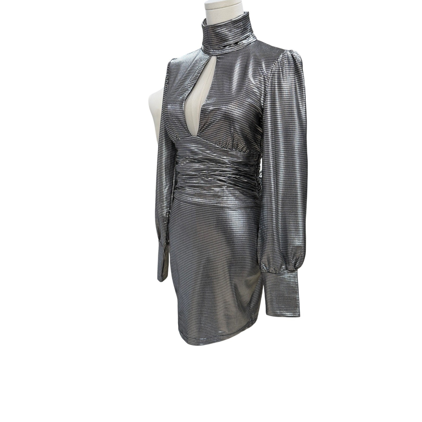 Silver Metallic Disco Keyhole Open Back Mini Dress Party Glam Y2K Nightclub Glam