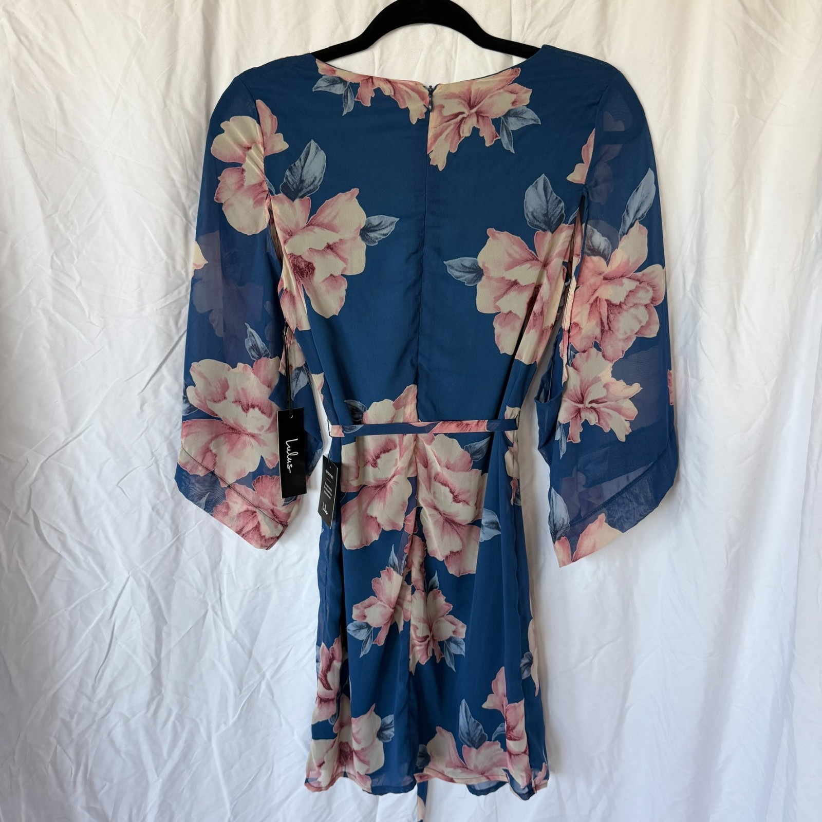 NWT Lulus Joyful Noise Denim Blue Floral Print Mini Dress Blue Chiffon Size S