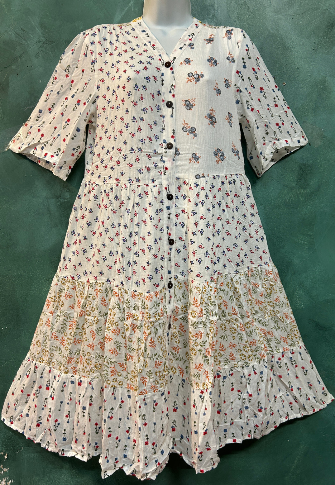 Nwt SACRED THREADS floral bohemian funky hippie rayon tier DRESS M Free shipping