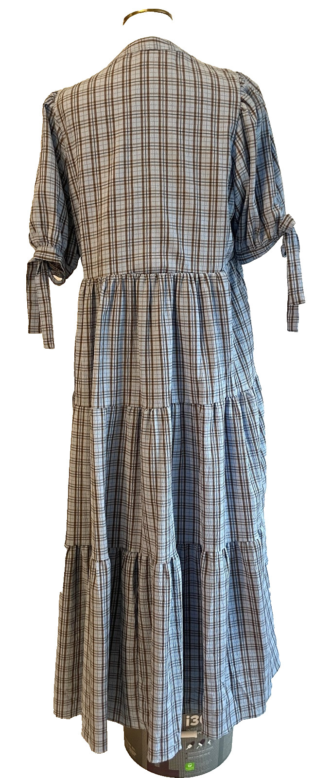 English Factory Blue Plaid Tiered Maxi Dress Puff Sleeve Tie Cuff Split V-Neck L