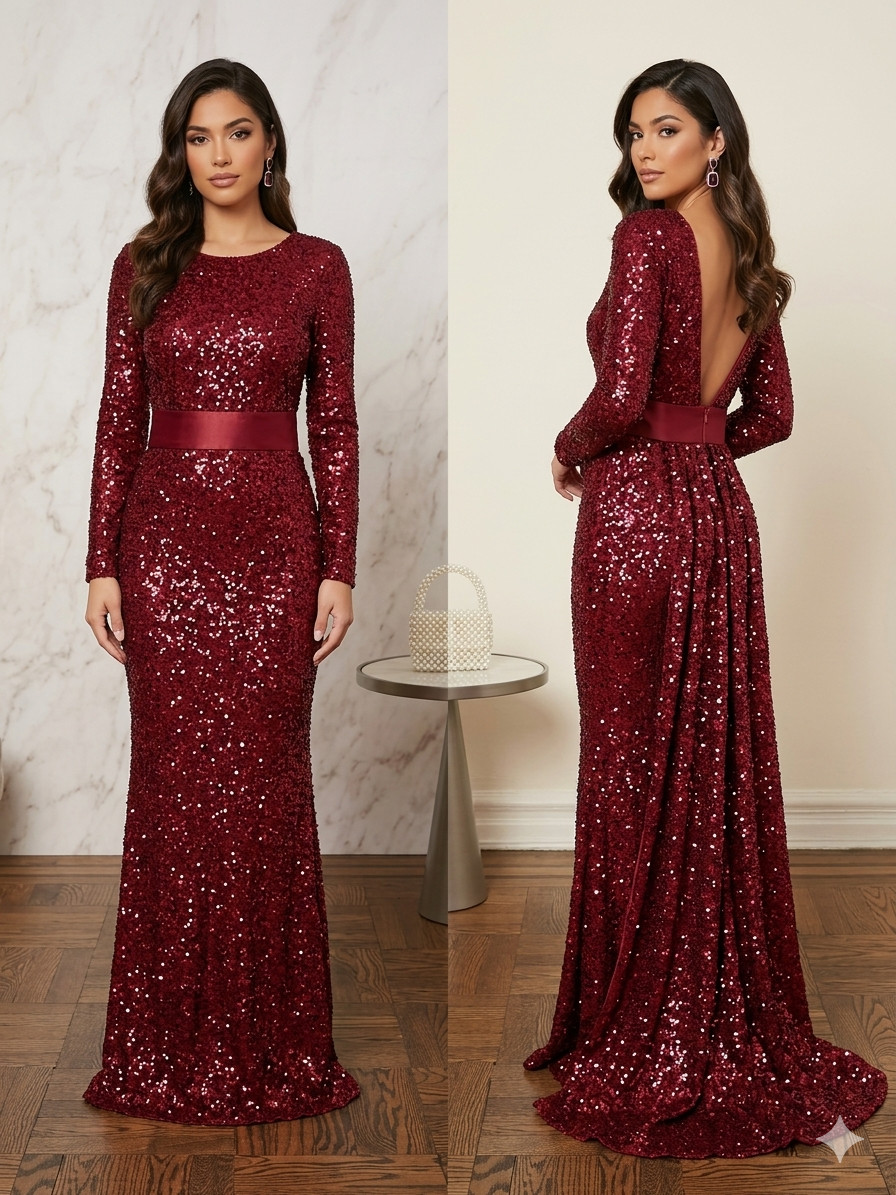 Burgundy Red Sequin Long Sleeve Mermaid Gown Low Back Satin Sash Formal Dress