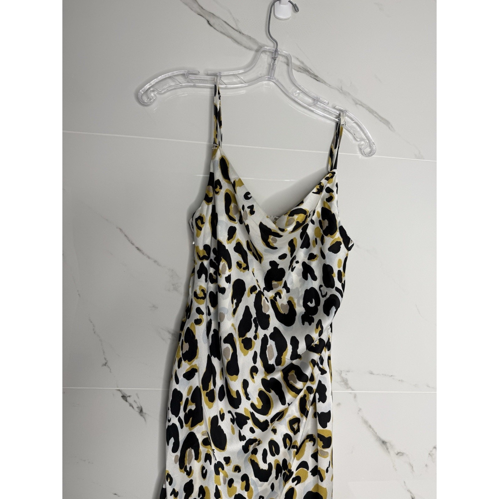 Leopard Print Slip Dress Midi Spaghetti Strap Faux Wrap M NWOT Cowl Neck