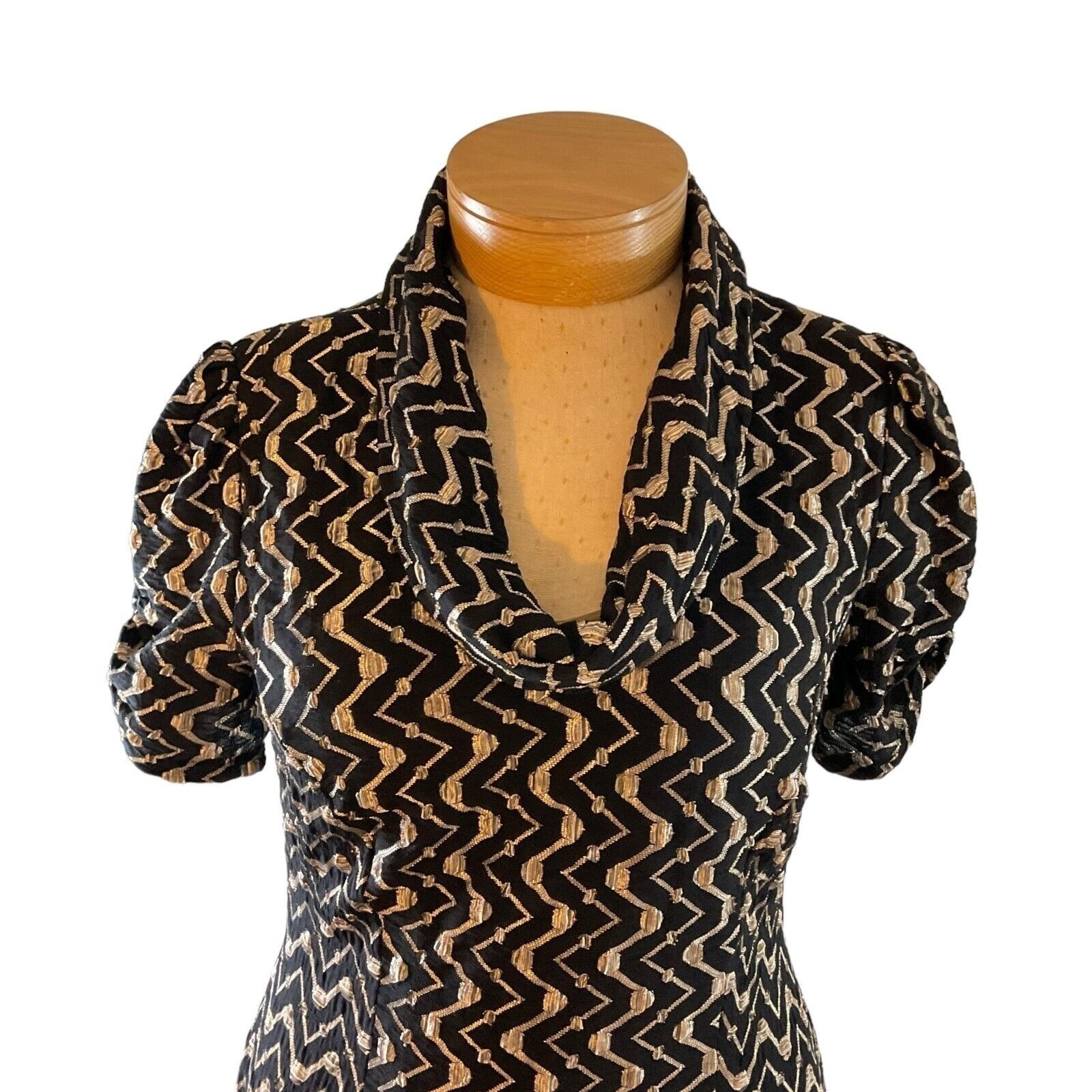 Evan-Picone Women Black Gold Chevron Sheath Dress Cowl Neck Puff Sleeve Sz 12