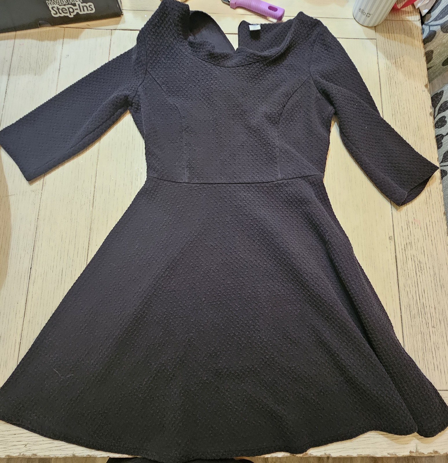 Old Navy Black Textured Fit & Flare Cowl Neck Zip Knee Dress 3/4 Sleeve M