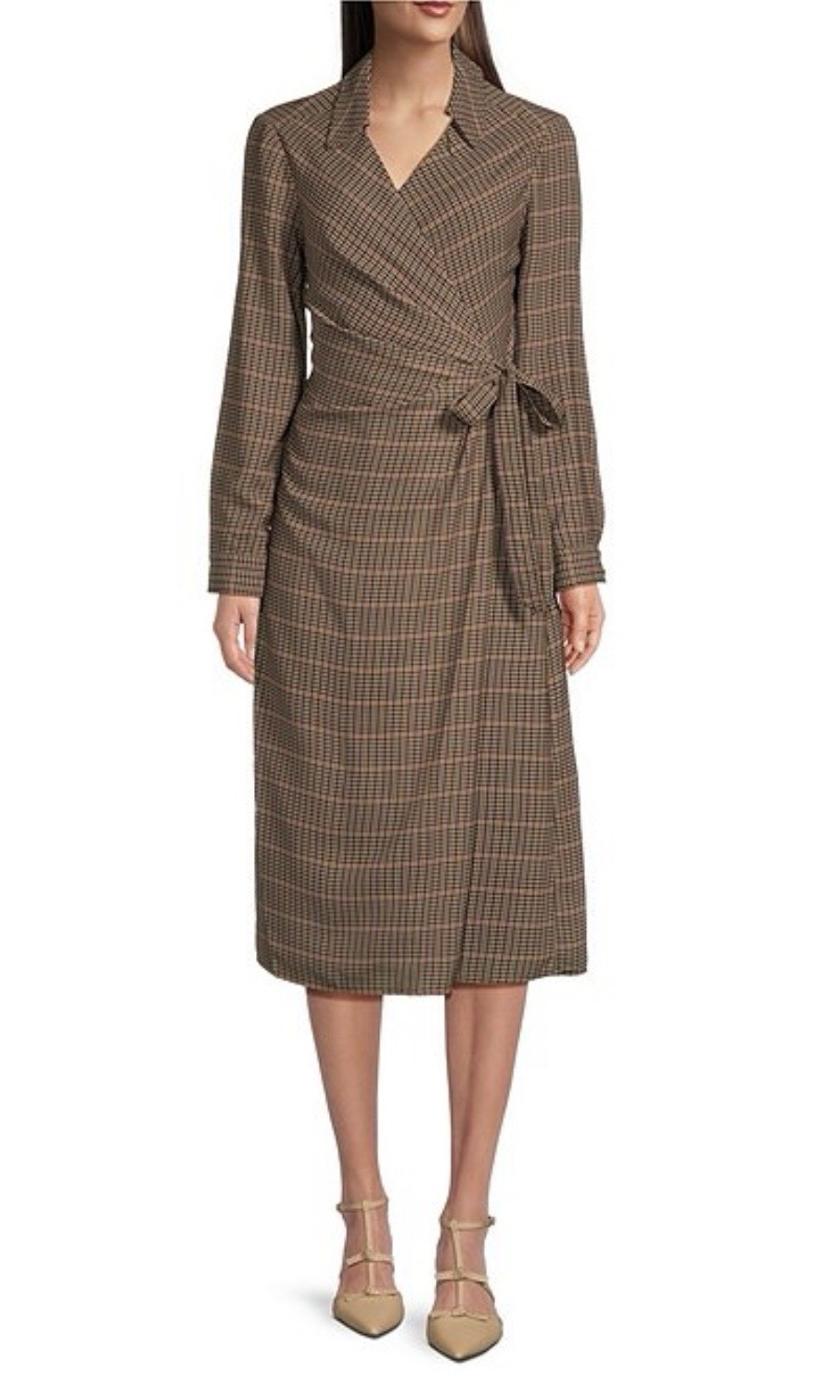 ALEX MARIE Caitlin Tan Navy Plaid Wrap Midi Dress Large NWT British Classic