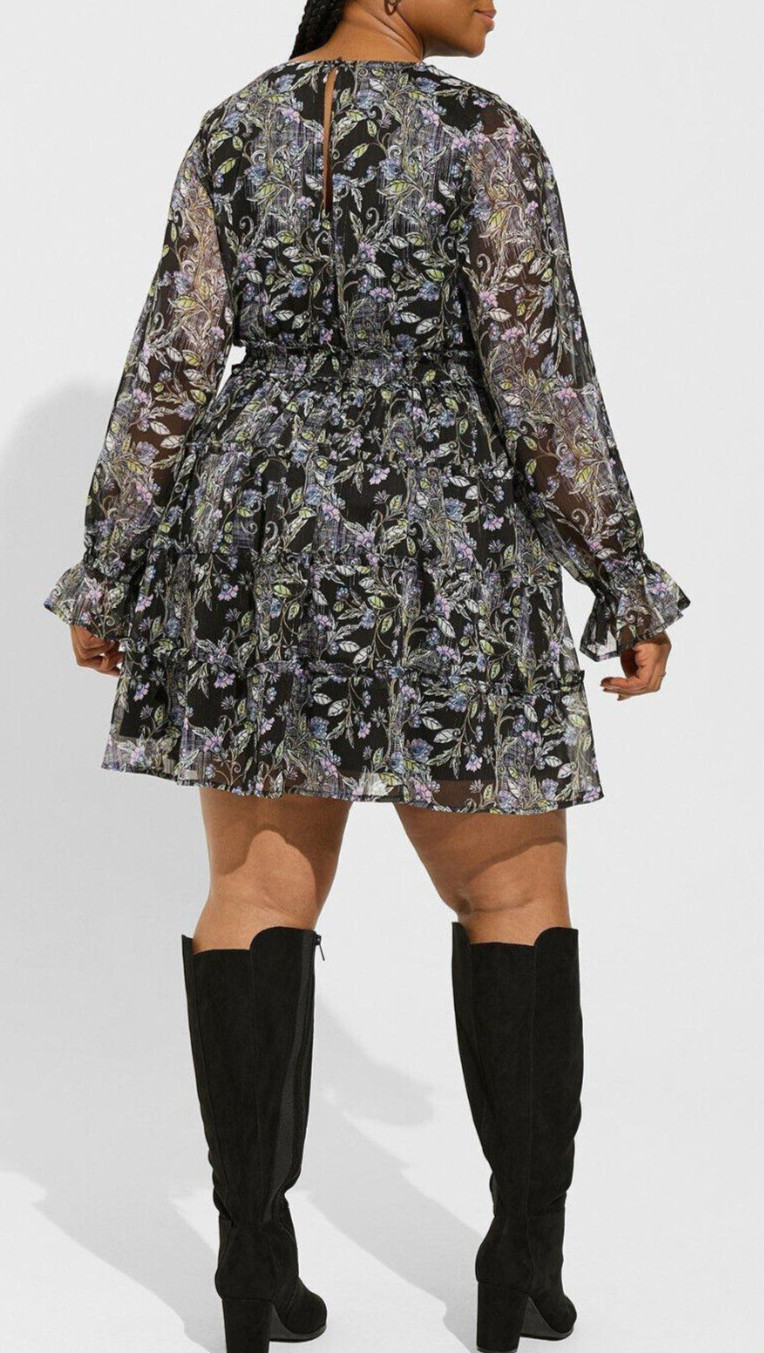NWT $85 Torrid 1 Mini Lurex Chiffon Black Lined Tiered Ruffle Dress, 1X 14 16