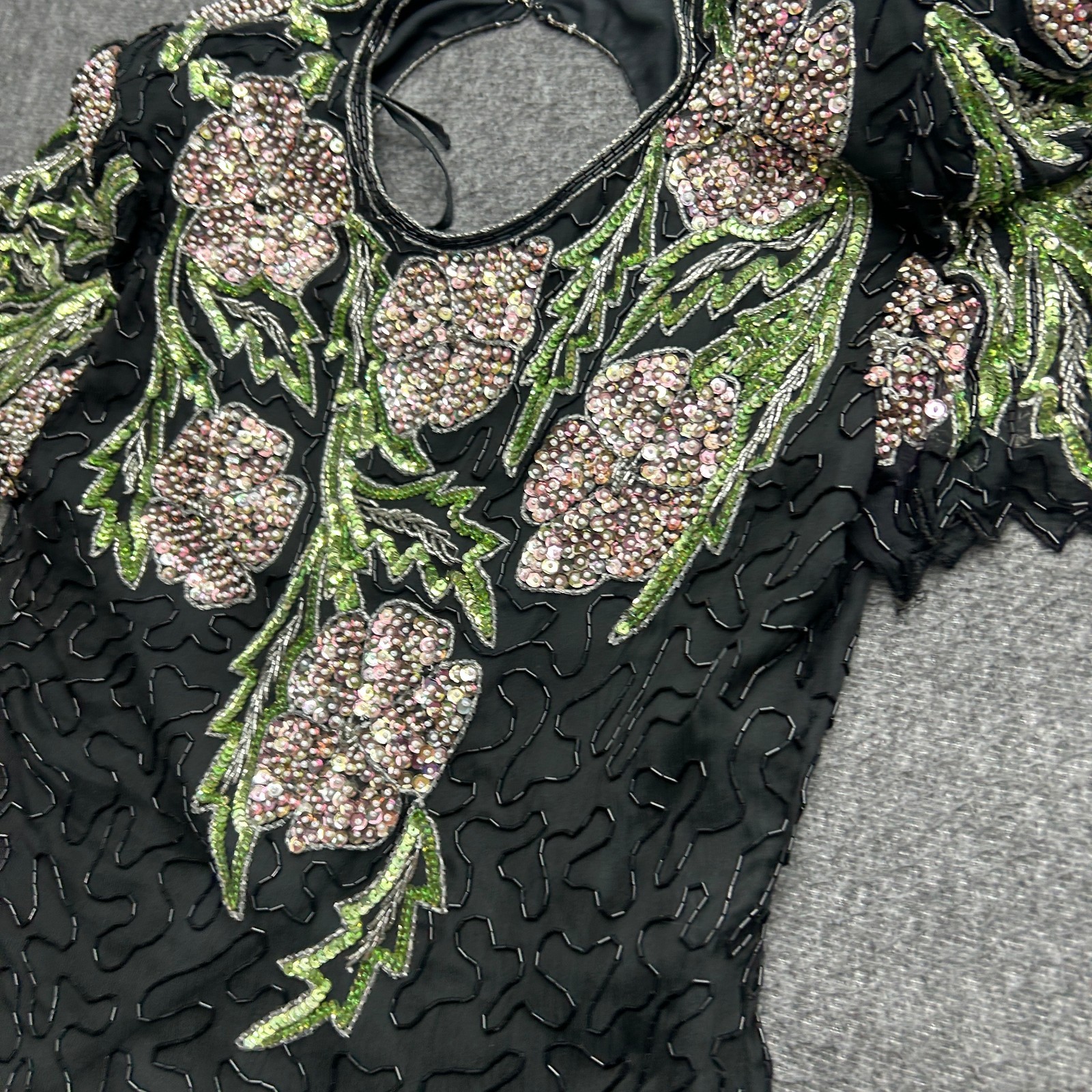 Scala Sequin Beaded Sequin Silk Dress Size XL Black Vtg 80s Black Floral