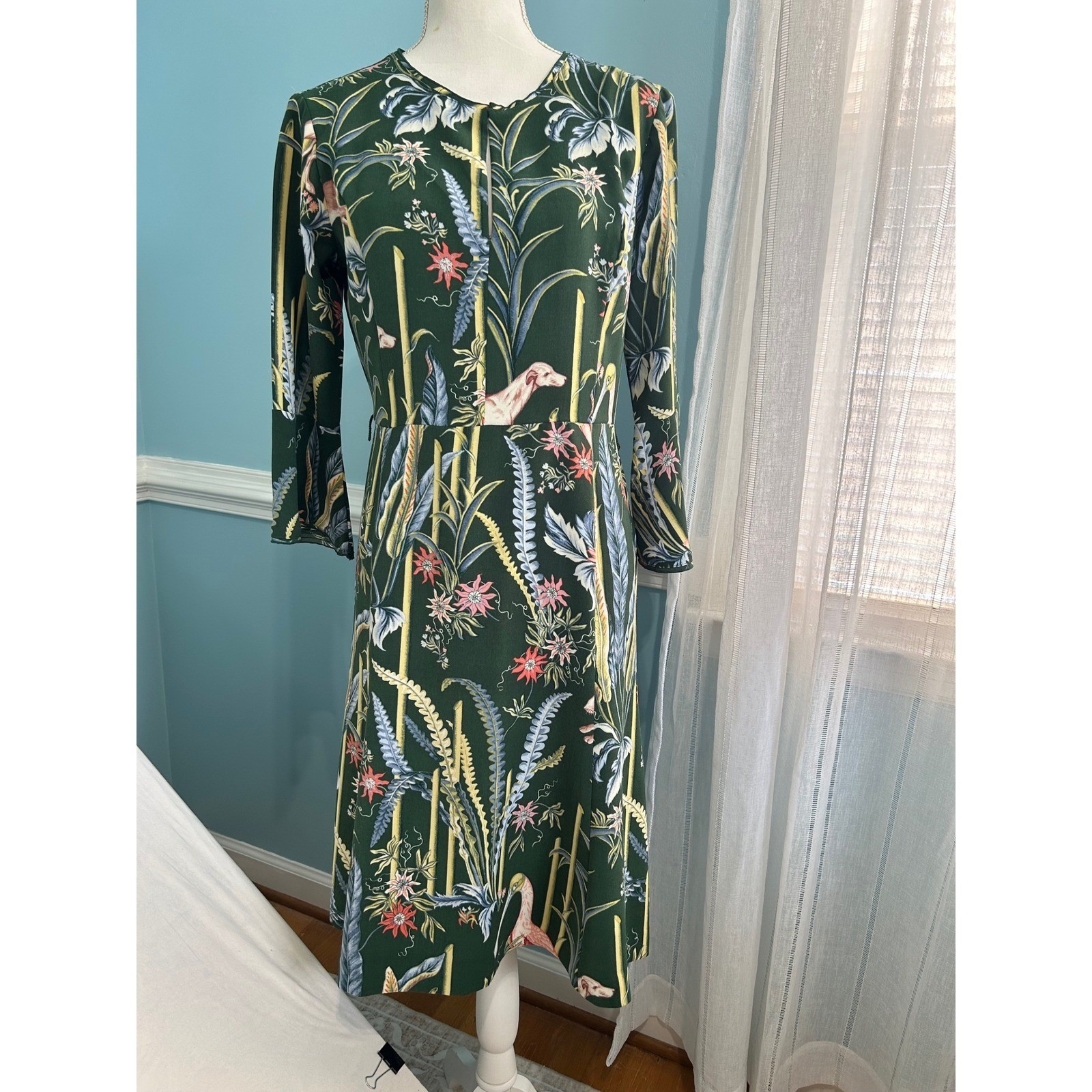 Ann Taylor Tropical Botanical Flamingo Print Bell Sleeve Fit Flare Dress Green 8