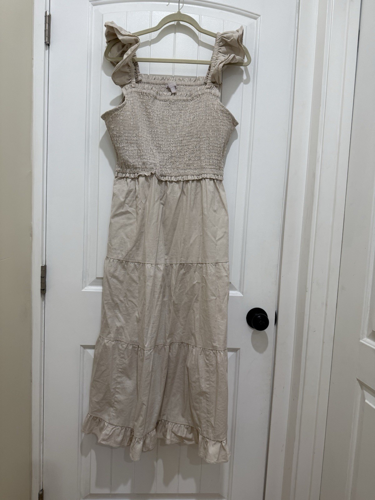 Chelsea28 Linen Blend Resort Smocked Dress Long Ruffle Sleeves Sz XL Khaki