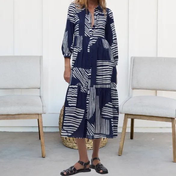 Zara Navy Blue & White Geometric Button Front Tiered Midi Dress Size Medium