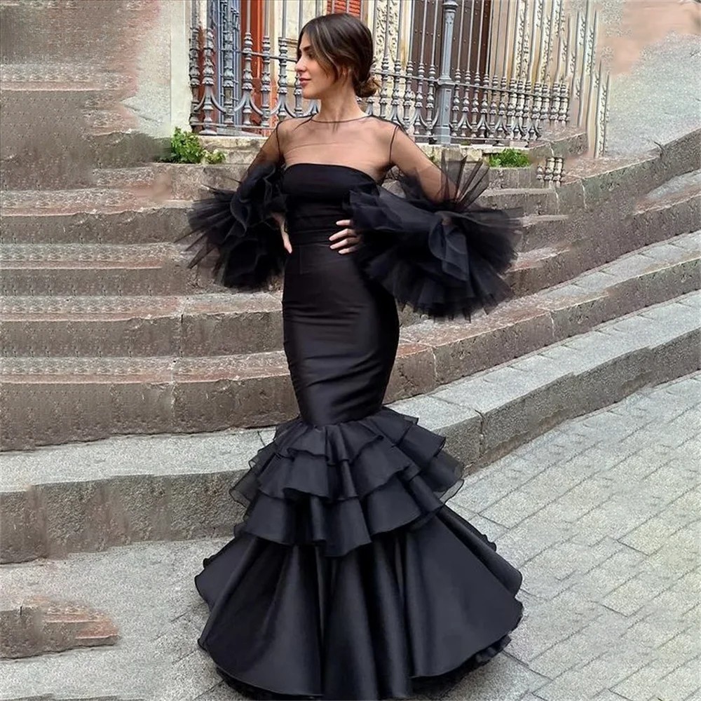 Mermaid Long Puffy Evening Dress Stain Tiered Party Dress Wedding Puffy Sleeve