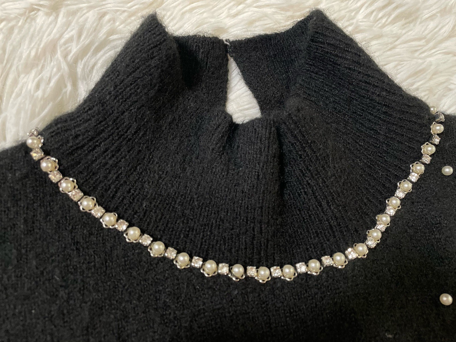 ZARA Pearl Rhinestone Mock Neck Posh Glam Classy Bling Y2K Knit Dress Black L