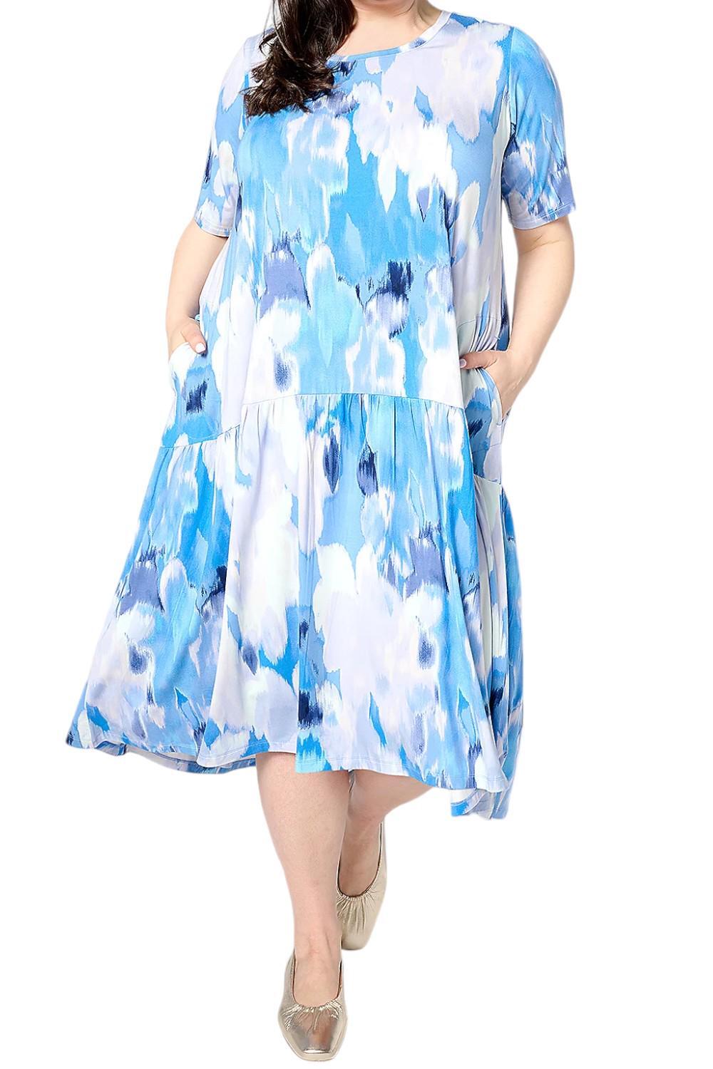 LOGO by Lori Goldstein Women’s Elbow Sleeve Crew Neck Dress Blue Combo