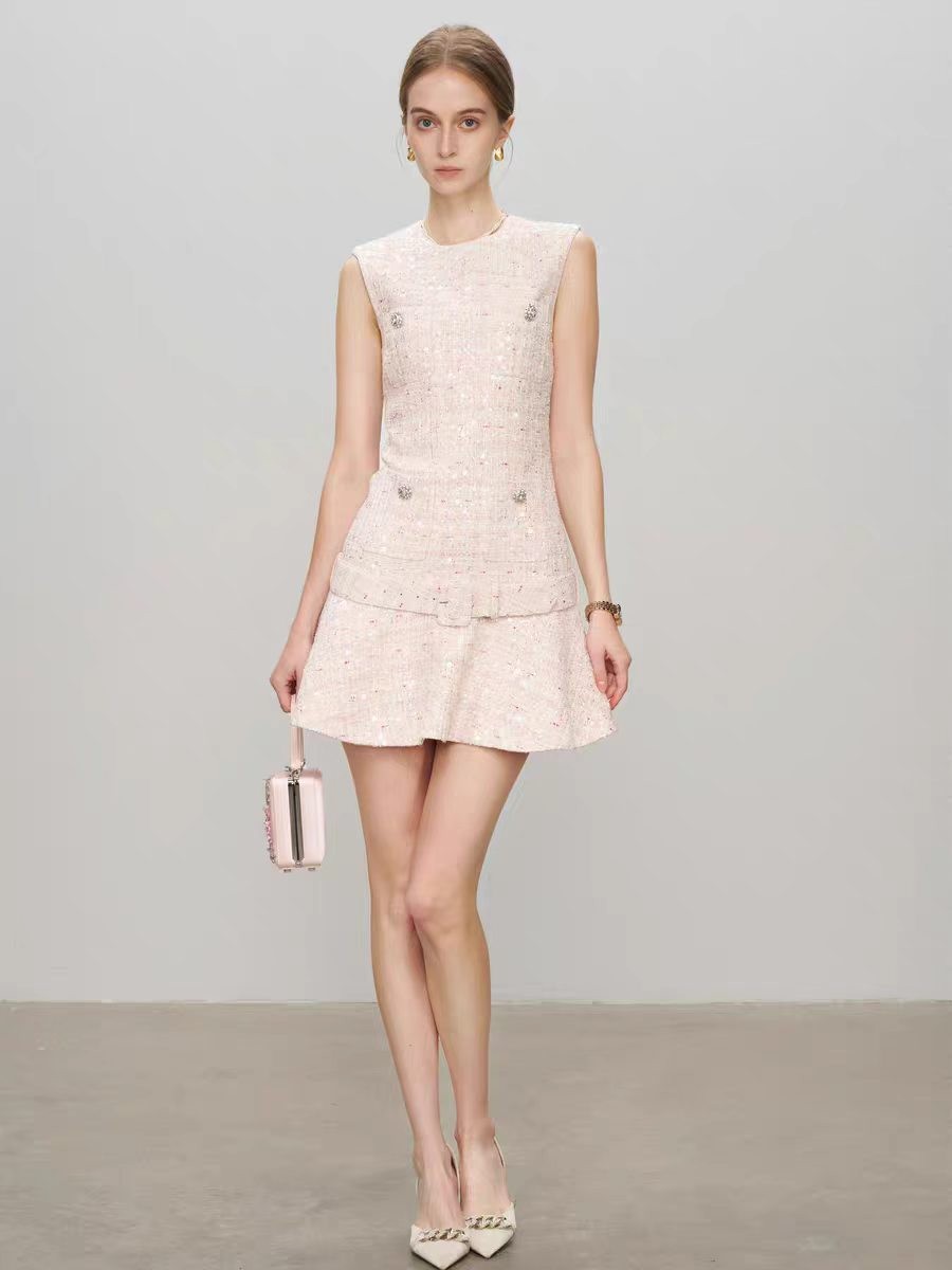 Self Portrait Pink Sequin Tweed Sleeveless Dresses +girdle