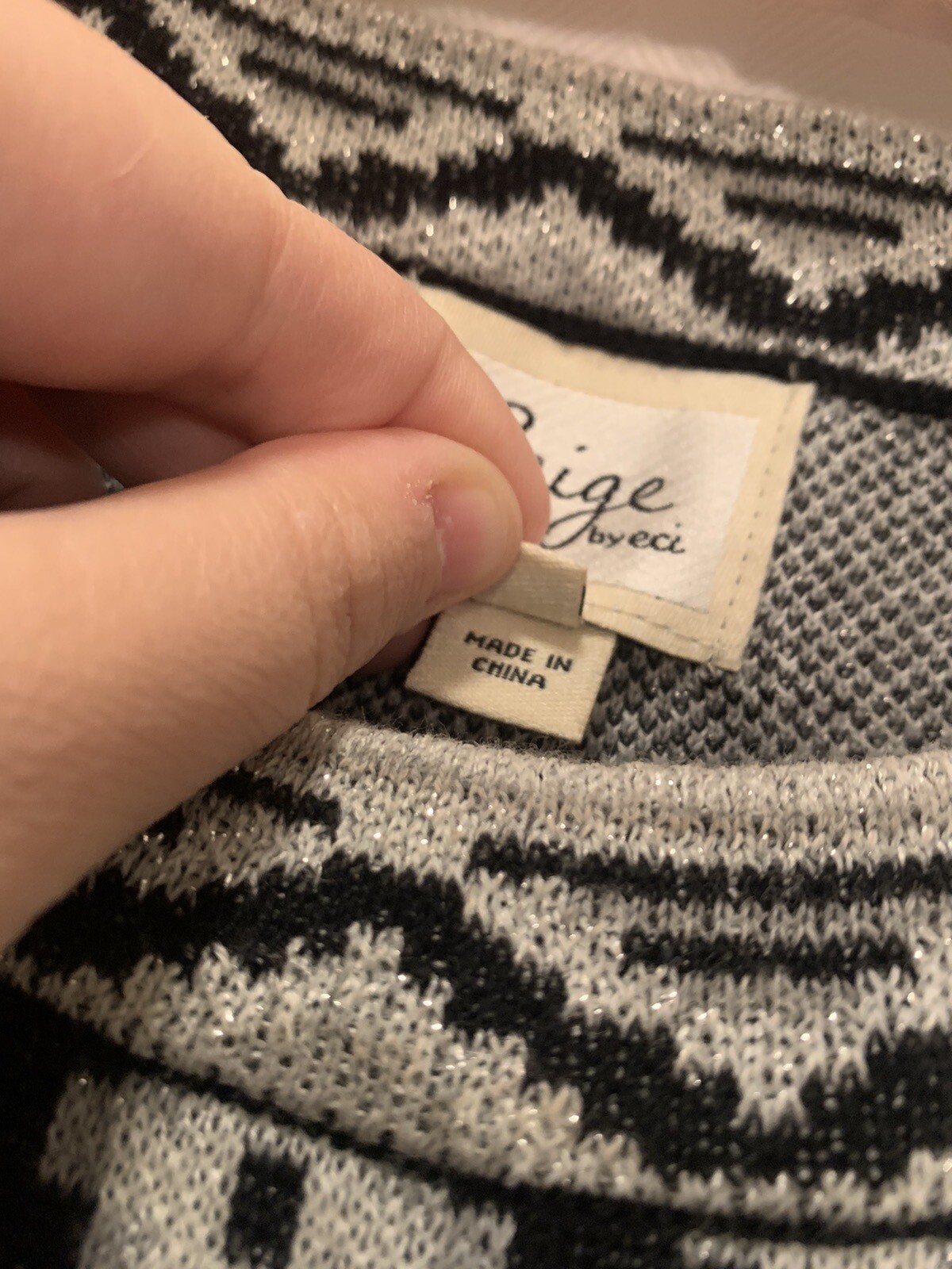 Beige By ECI Black And White Geometric Sparkle Holiday Sweater Dress Sz Large