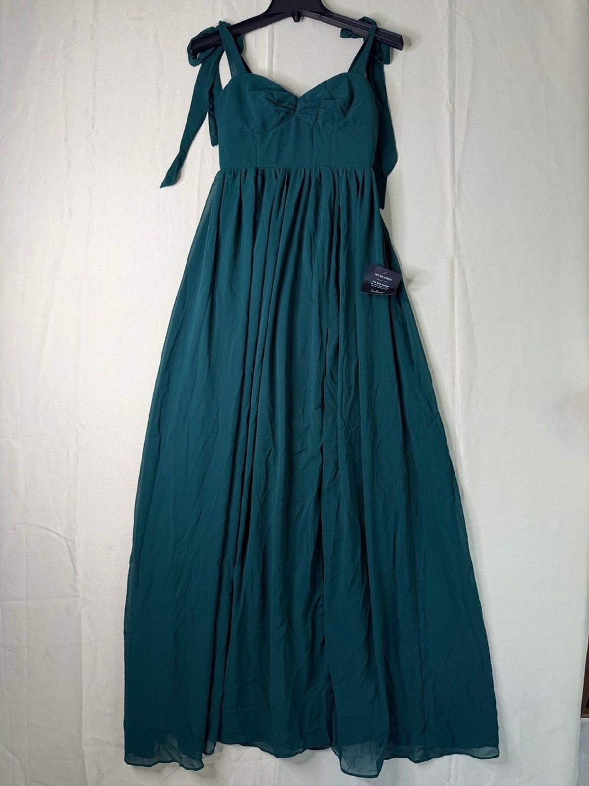 Lulus Radiant Charisma Emerald Chiffon Ruched Tie-Strap Maxi Dress Size XS NWT