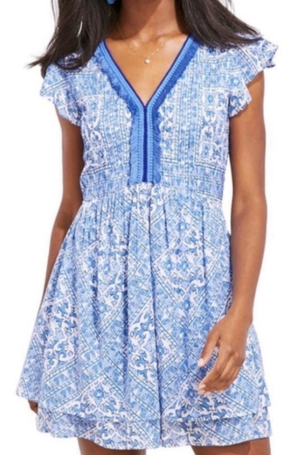 Vineyard Vines Cay Scarf Print Mini Dress Flutter Sleeve, V-Neck, Size M
