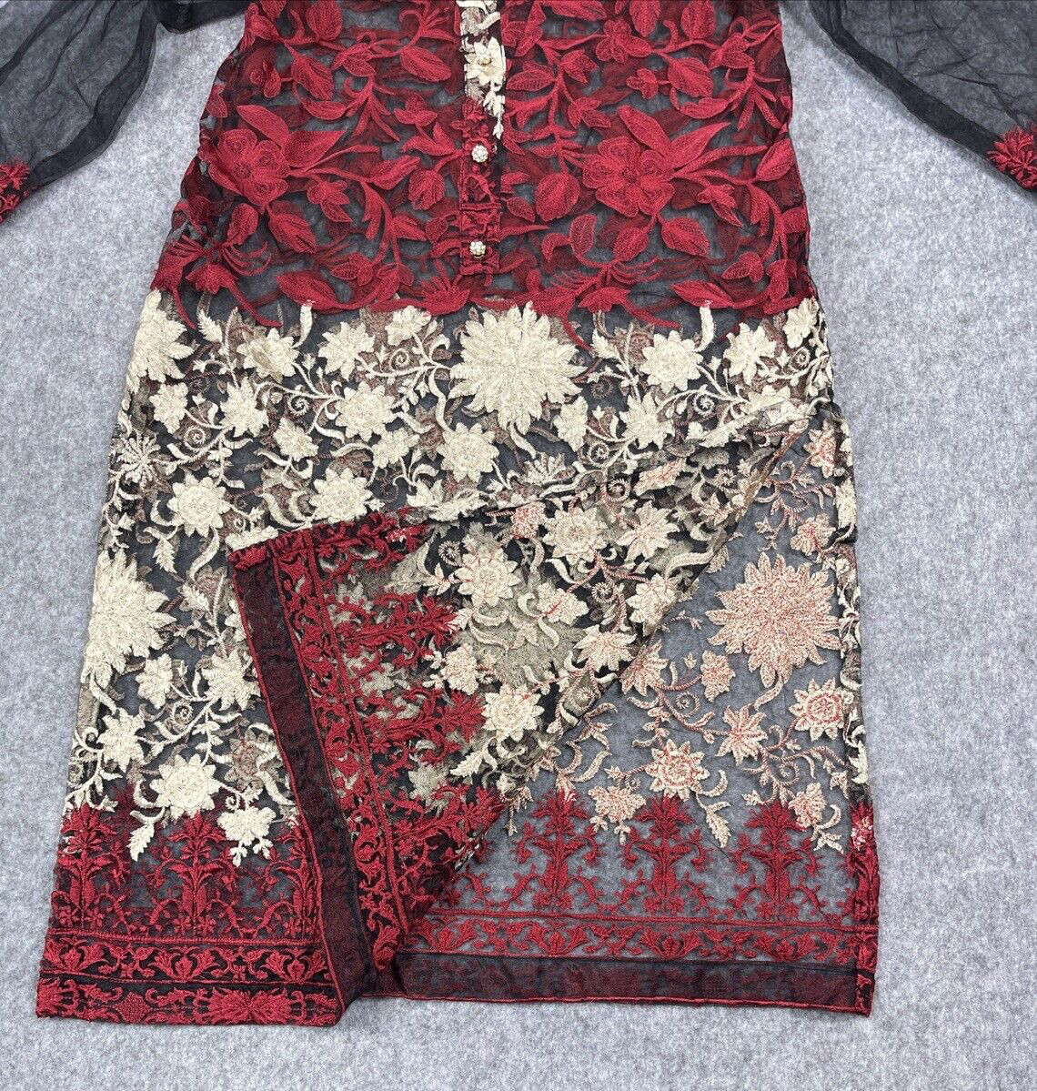 AghaNoor Sheer Overlay Dress Small Embroidered Lace Floral Whimsy Goth Boho Art