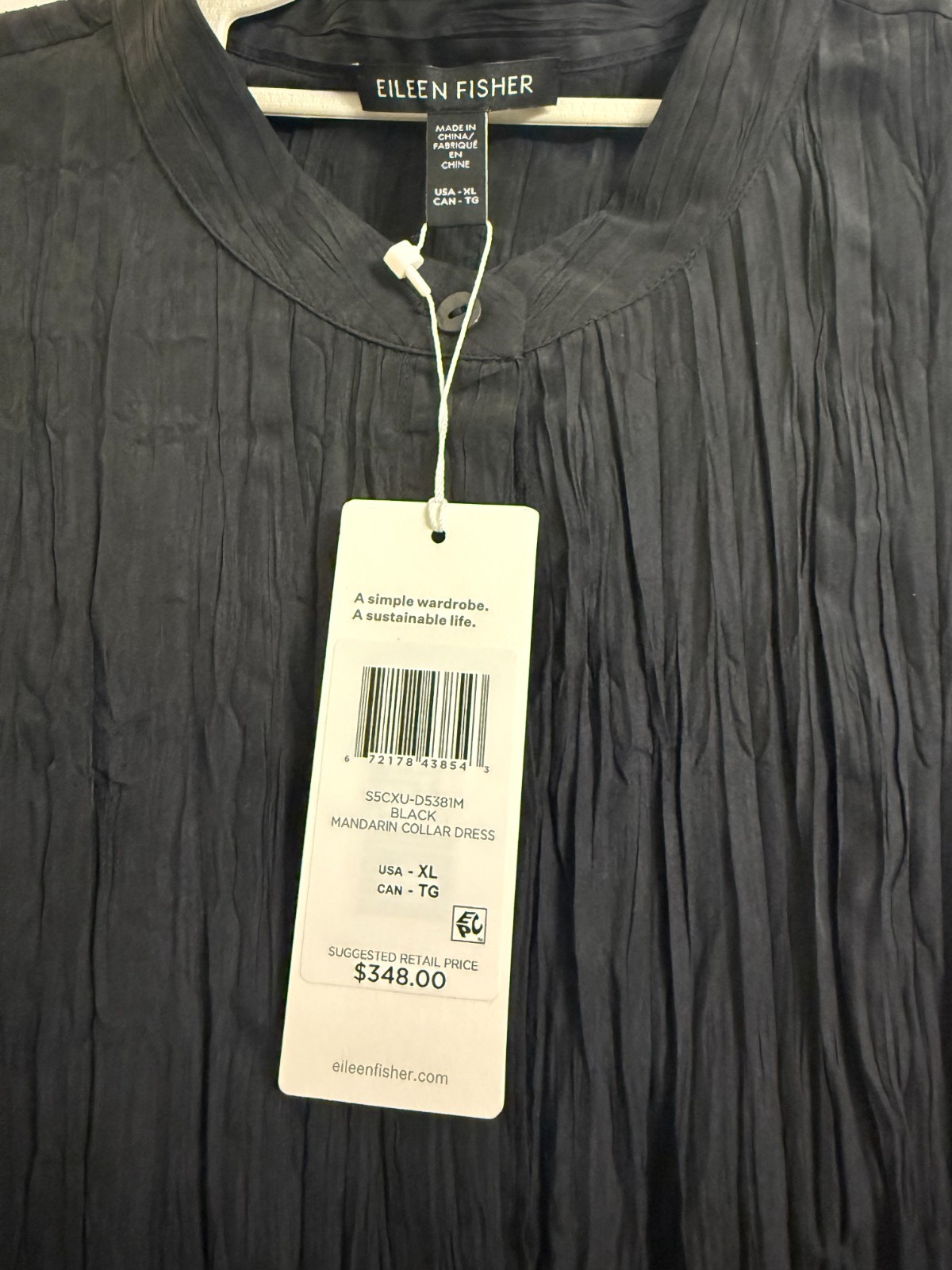 NWT $348 Eileen Fisher Black Crinkle Silk Habutal Mandarin Collar Dress M L XL
