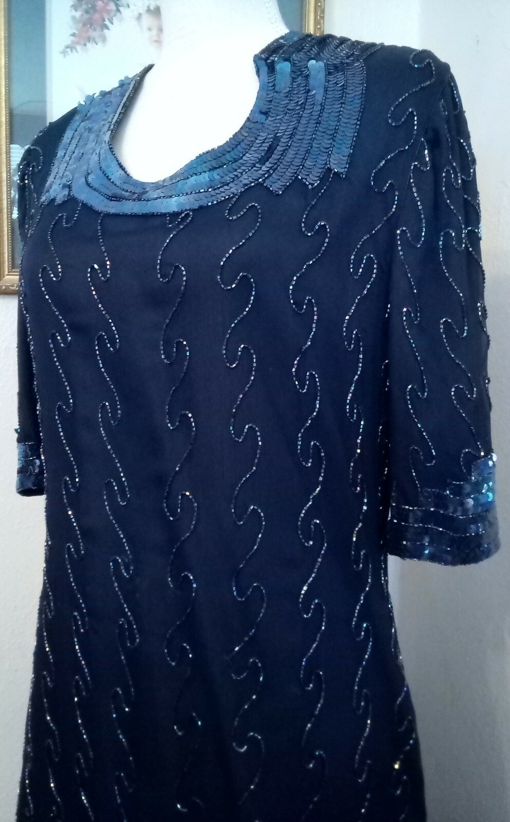 Creative Creations Large Dress Midnight Blue Beaded Sequins Silk Short Sleeves