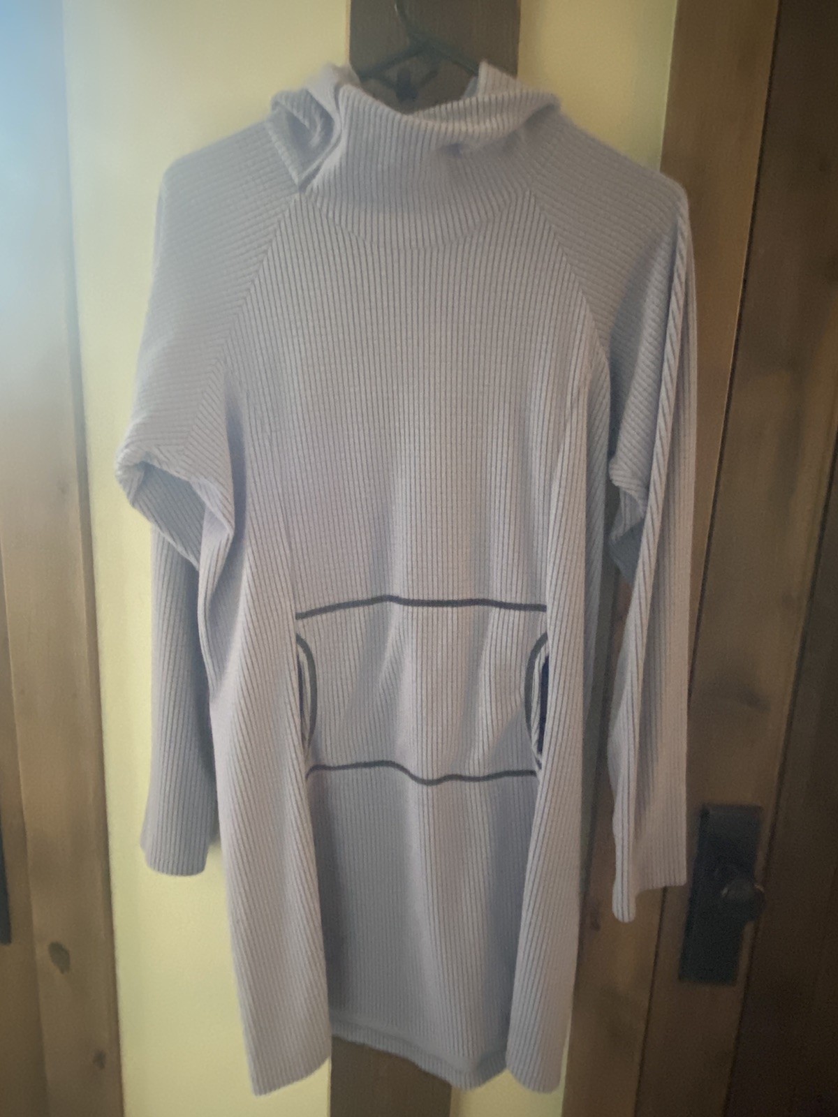 Melanzana Sweater Dress Womens Large Purple Teal Micro Grid Hooded Fleece Pocket