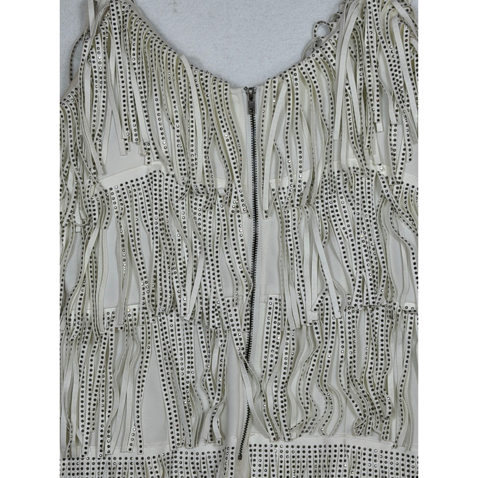 NYLON APPAREL Rhinestone Fringe Mini Dress White Spaghetti Strap Party Size M