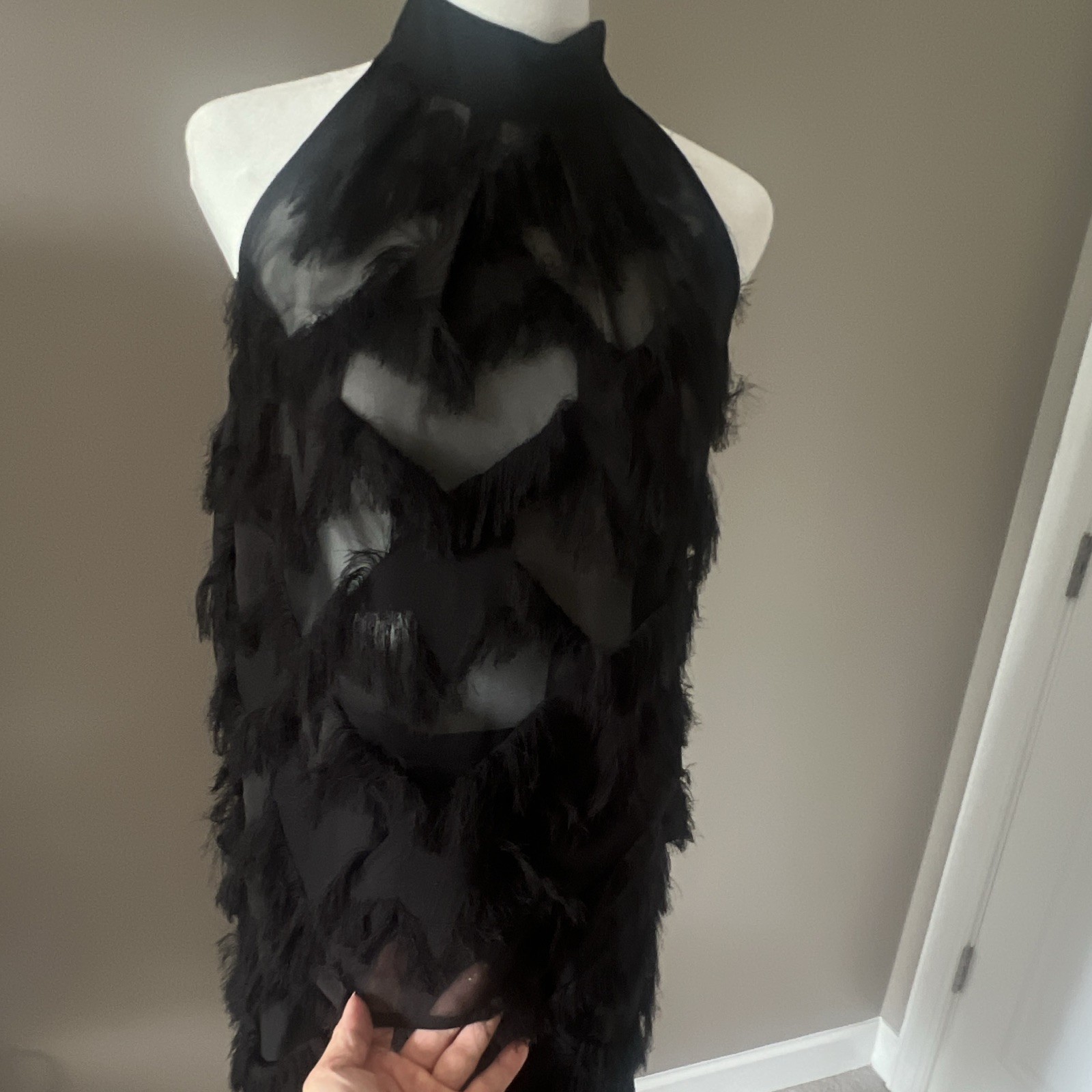 Marella Gattini Black Sheer Mesh Fringe Long Pencil Skirt High Rise 4