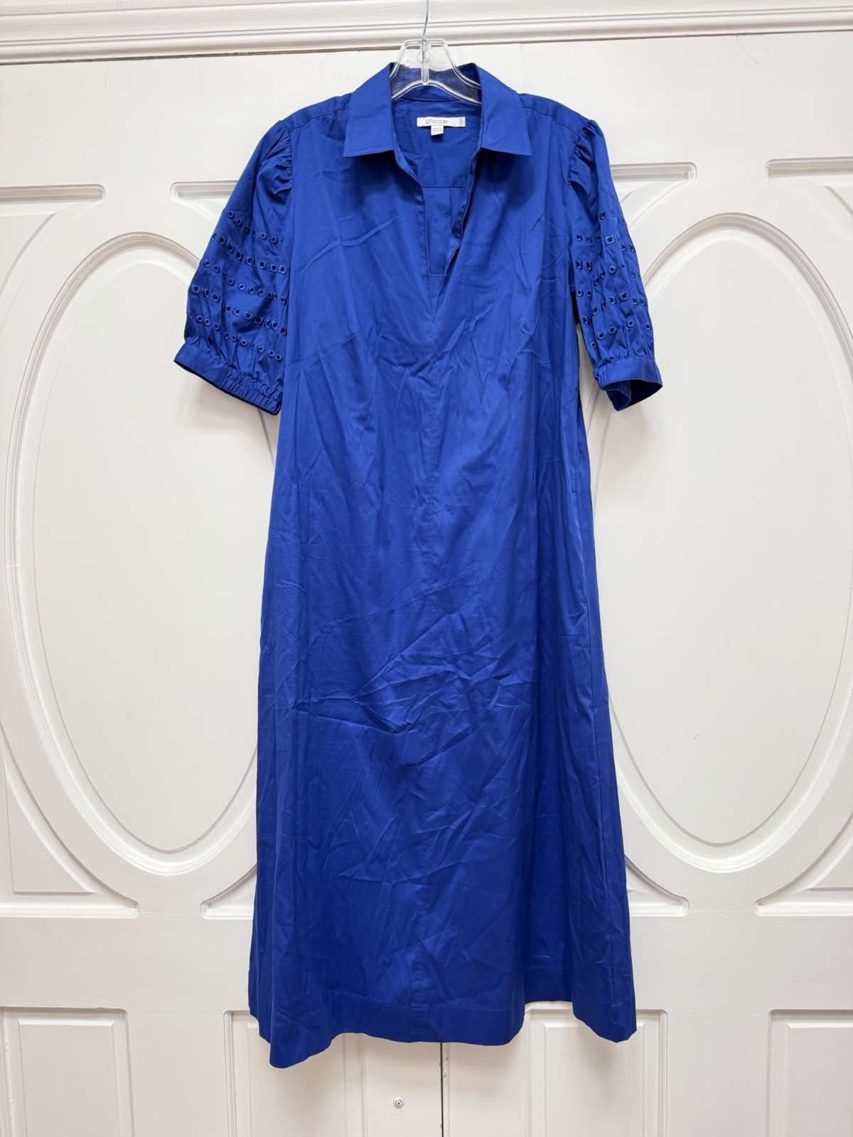 Chicos Royal Blue Maxi Dress 2 US 12 Puff Leave Eyelet