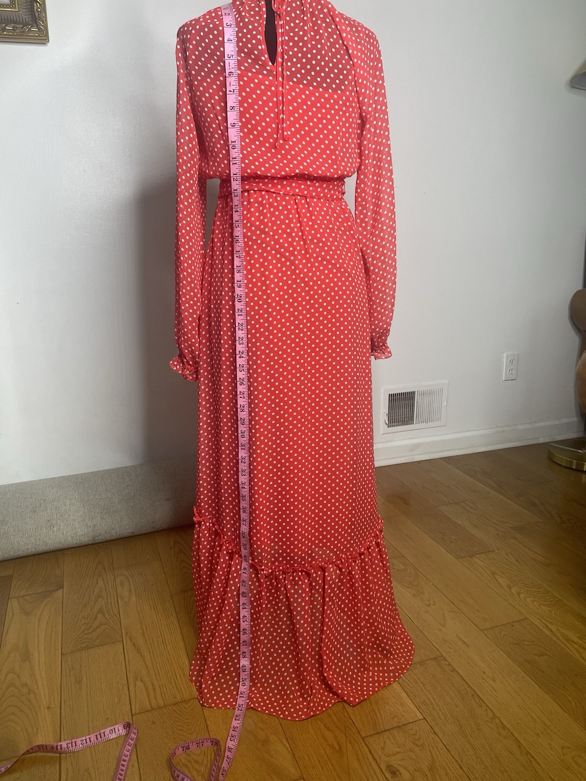 BCBGMAXAZRIA Women’s Red/White Polka Dot Long Sleeve Maxi Dress Ruffle XS