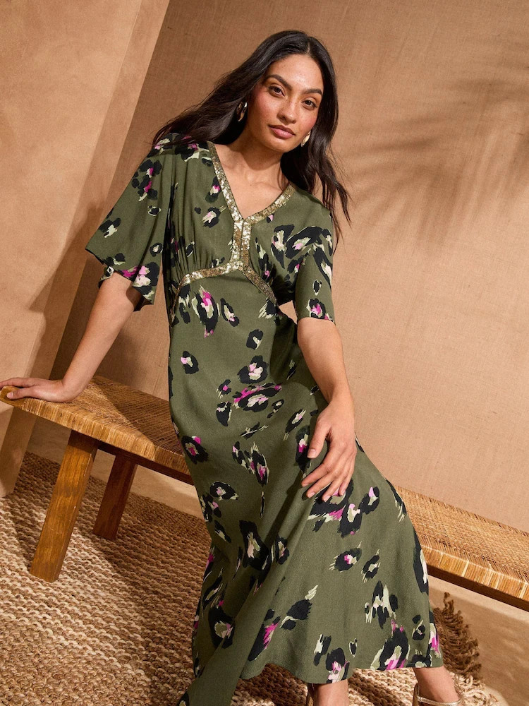 Next Love & Roses Khaki Green Animal Sequin Angel Sleeve Midi Dress Size 14