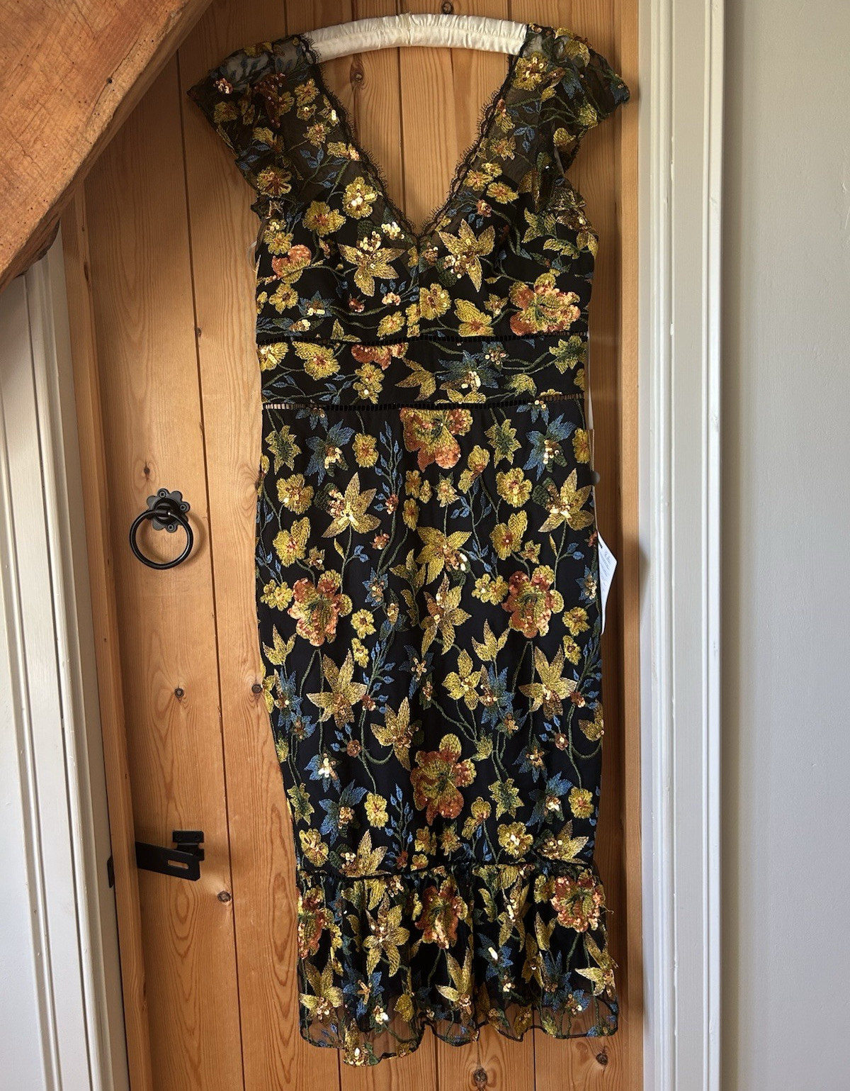 NWT Marchesa Notte Size US14/UK18 Black Floral Sequin Embroidered Midi Dress
