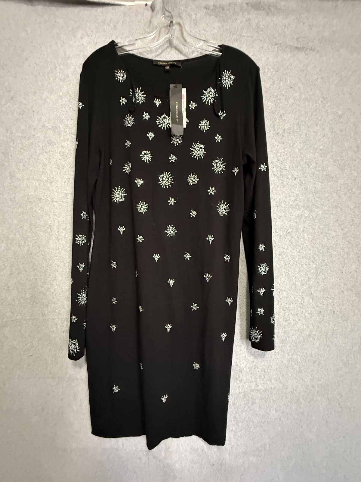 Cynthia Steffe Dress Womens Large Black Rhinestone Shift Long Sleeve Jersey