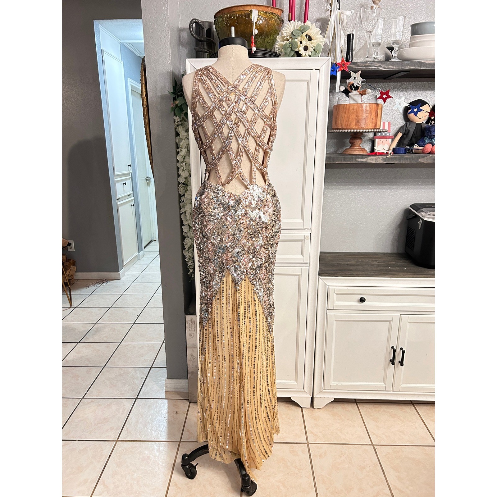 Gold Silver Sequin Formal Gown High Slit Maxi Dress MEDIUM Holiday Prom Party