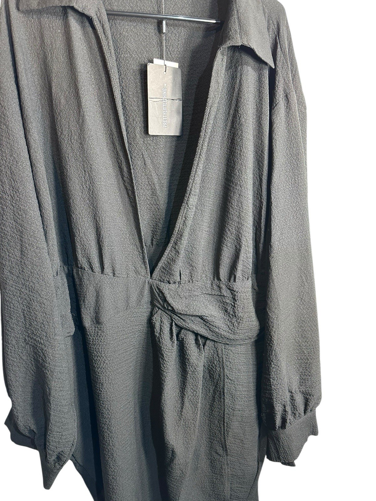 pretty little thing plus black long sleeve open v neck front dress size 20