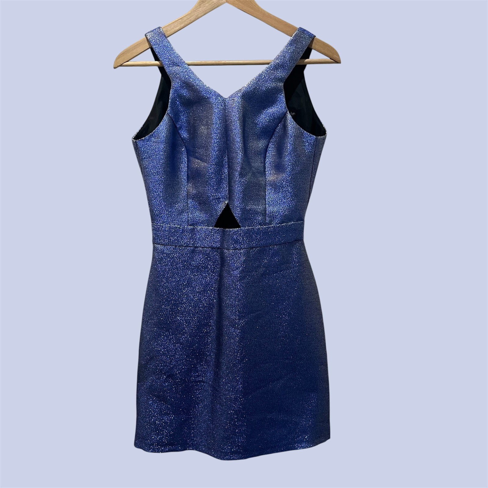 MISS SELFRIDGE – Size 6 UK – BLUE METALLISED SPARKLY cut out DRESS rrp was £55