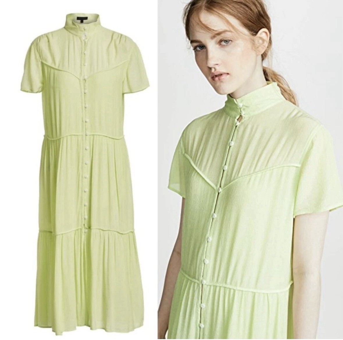 Rag & Bone Libby Tiered Seam Crinkle Dress Short Sleeve Flowy Midi Green Medium