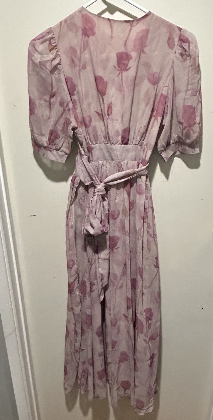 Pink Floral Wrap Dress Small Romantic Flowy Ankle Length Balloon Sleeves By Dazy