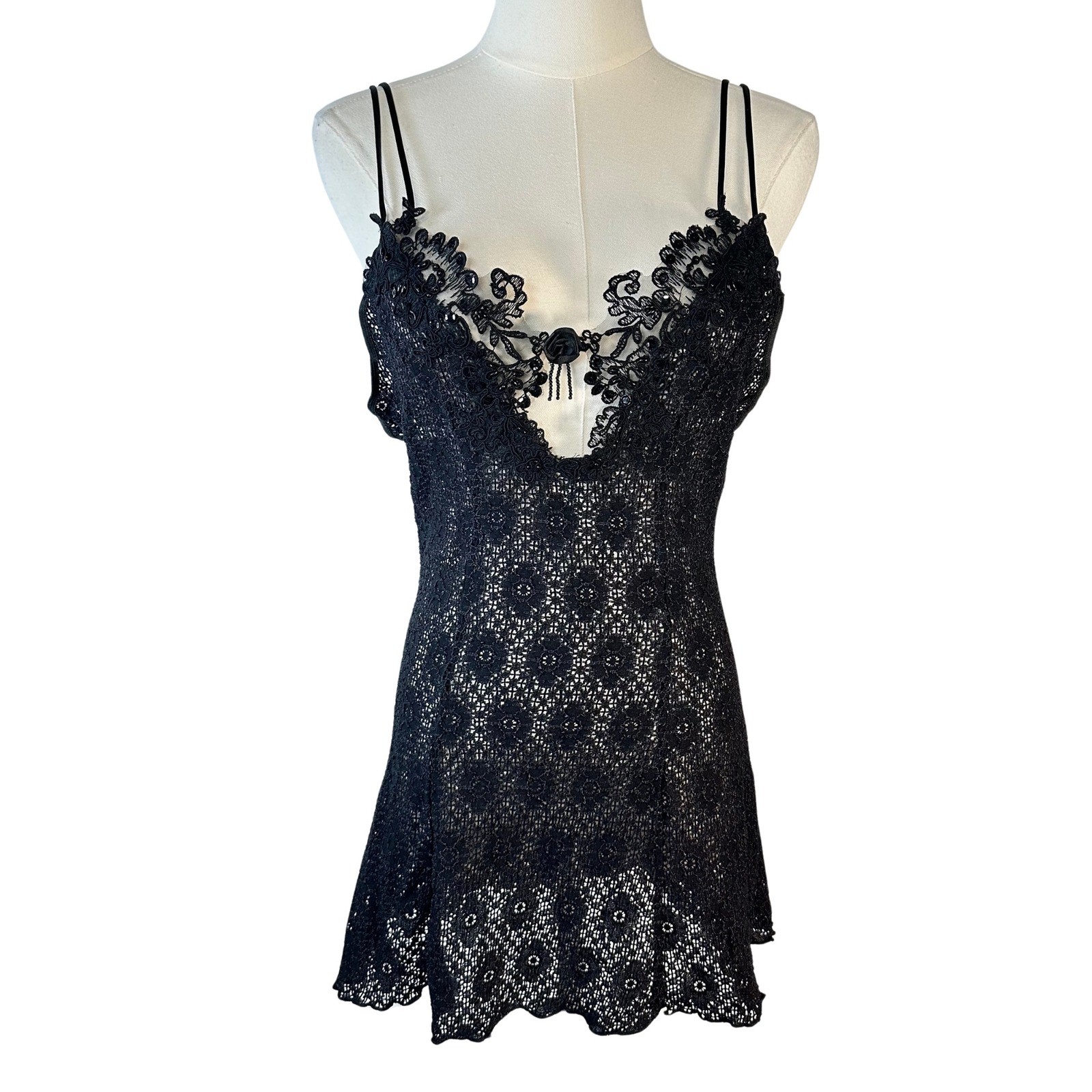Crochet Lace Slip Dress Women Coquette Gothic Small Black Witchcore Dark Fairy