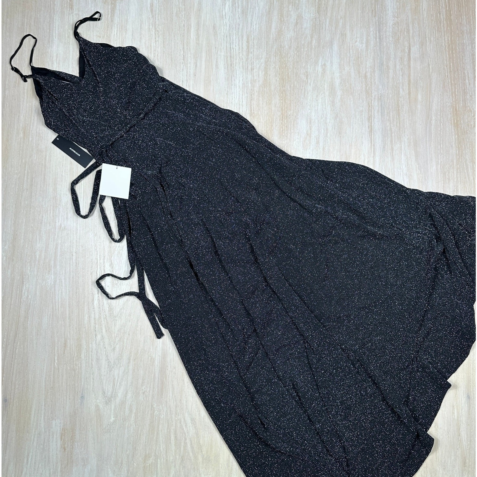 NWT Lulu’s Black Metallic Wrap Sparkly Holiday Shimmer Party NYE Maxi Dress XS