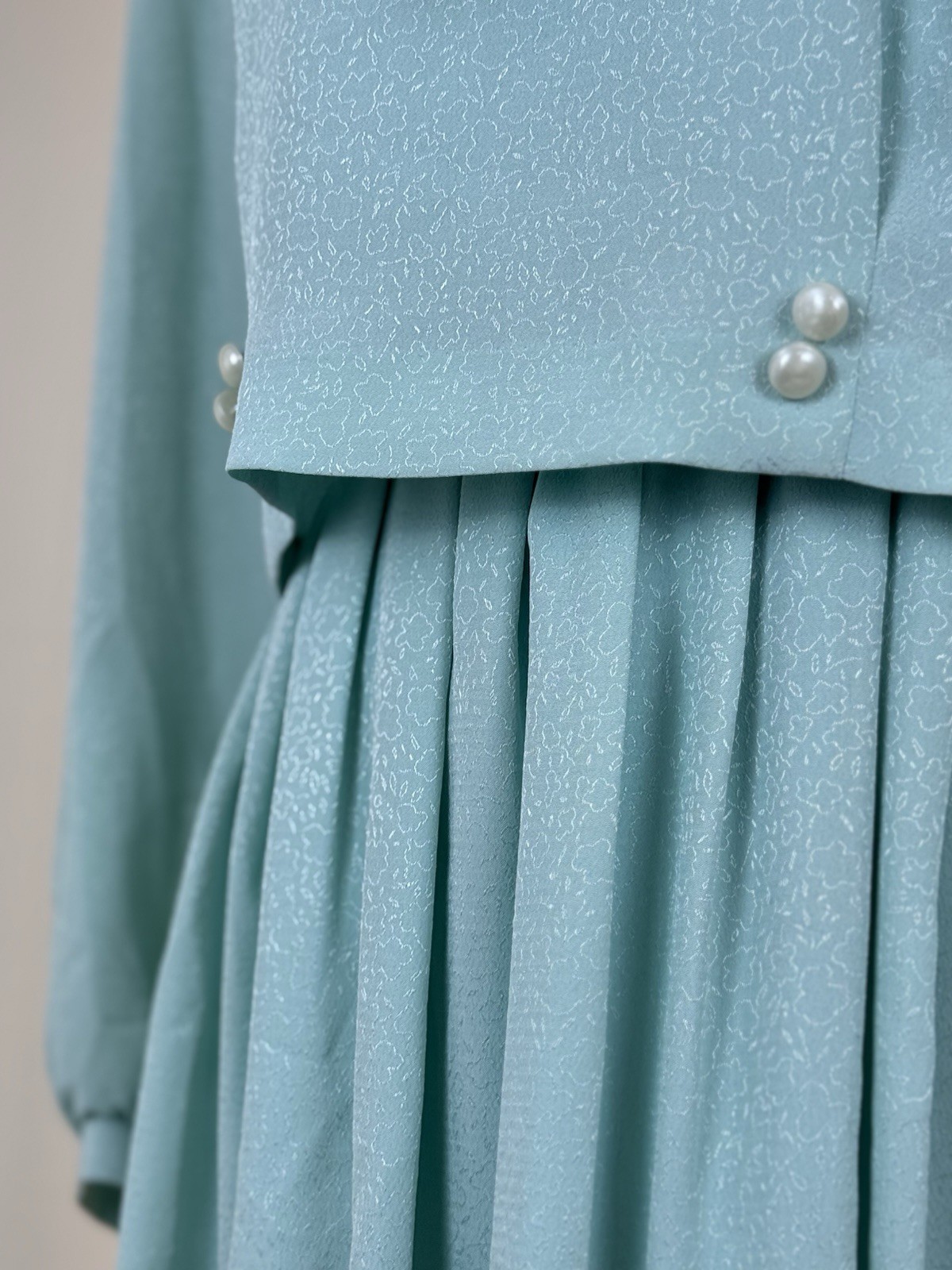 Fransoise Bow Neck Midi Dress Long Sleeve Pearl Button Detail Pleated Skirt