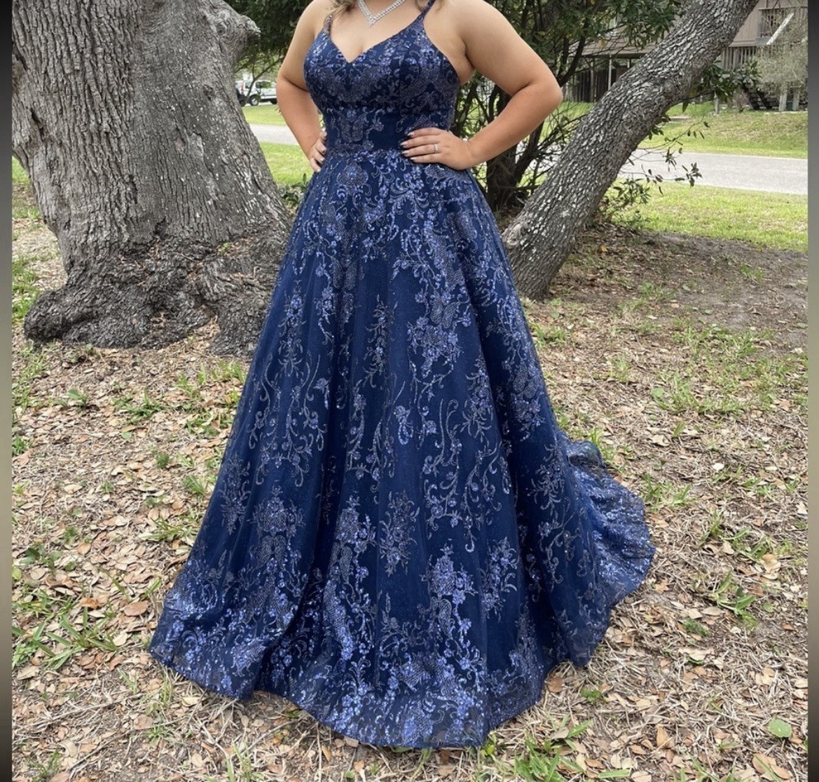 Colette Mon Cheri Ball Gown Sz 14 Navy Blue Sparkly Sequin Prom Gala Dress + Bag