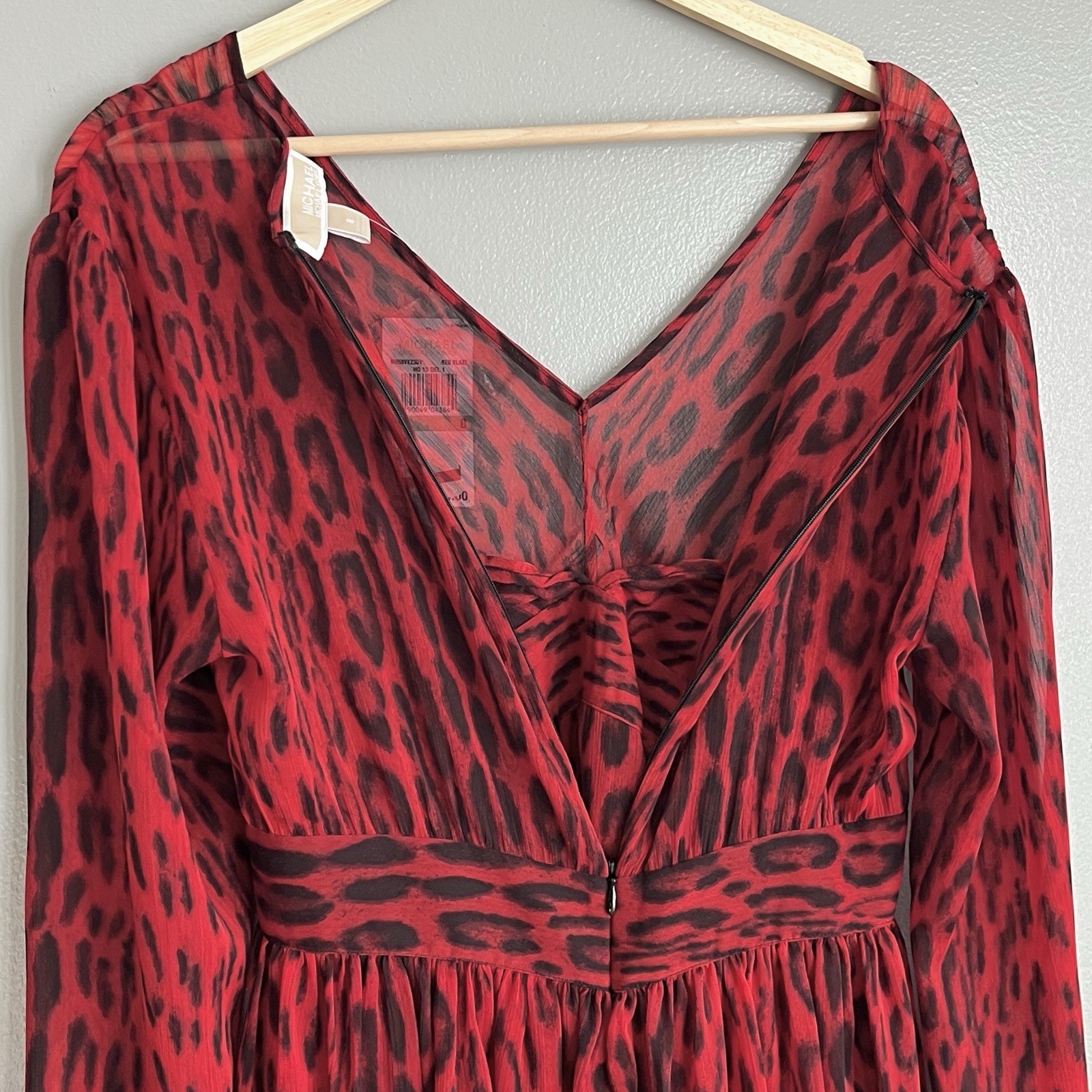 Michael Kors Leopard Print Georgette Mini Dress Red Blaze Long Sleeve 8 NWT