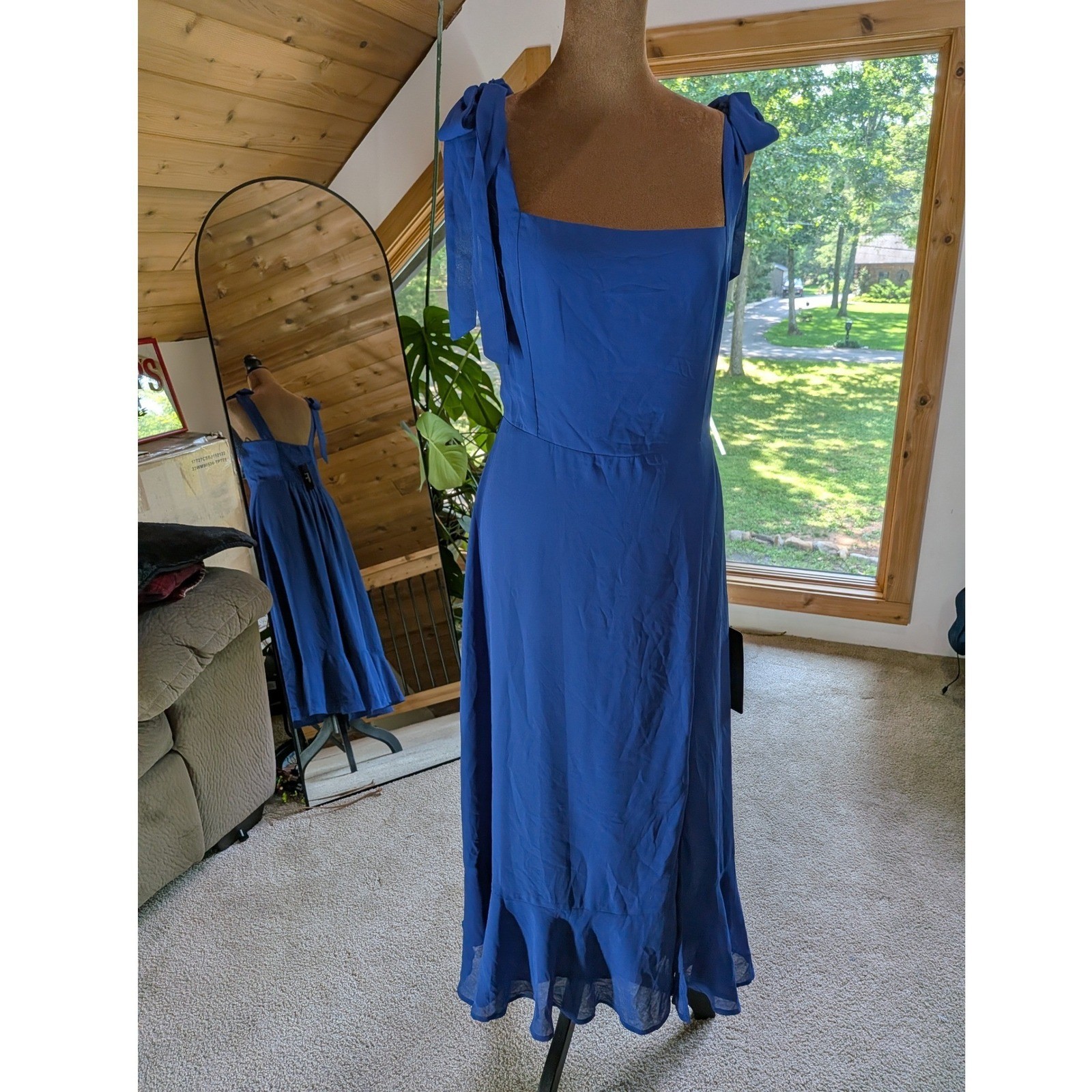 Lulus Royal Blue Tie-Strap Ruffle Hem Smocked Midi Dress Womens Medium NWT