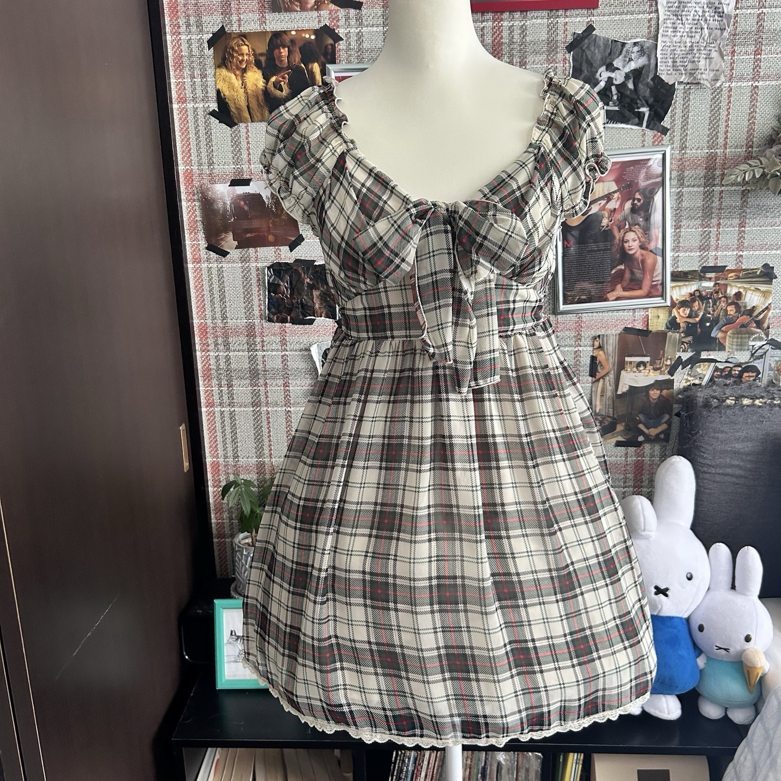 Plaid 2-Way Tunic Dress Mini Dress Bow Front Ribbon Coquette Aesthetic Cottage
